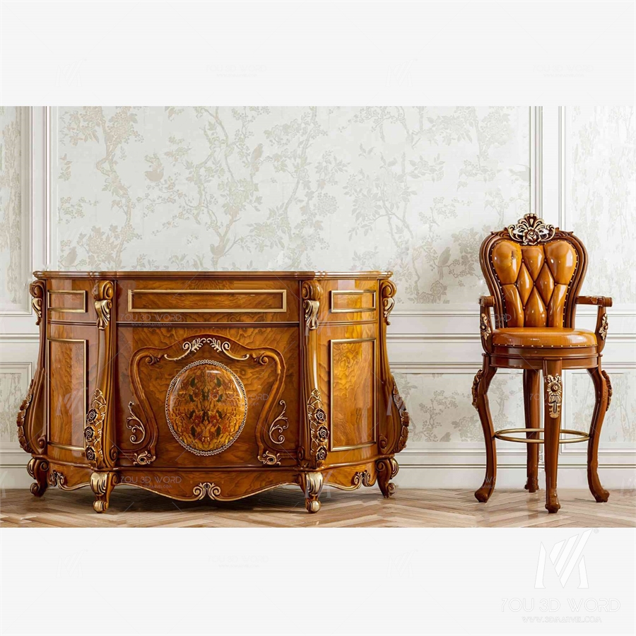 European style end view cabinet bar chair combination 3D model